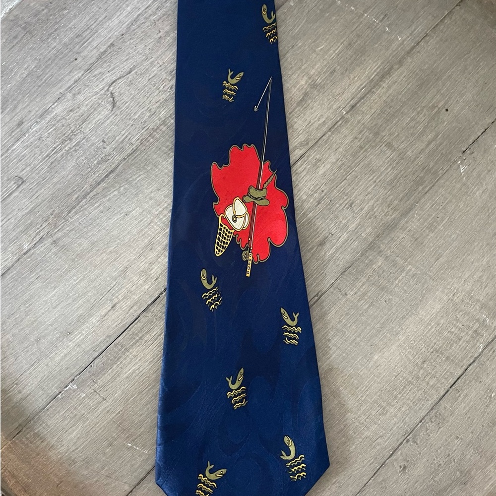 Blue Tie with Fishing Cartoon Design